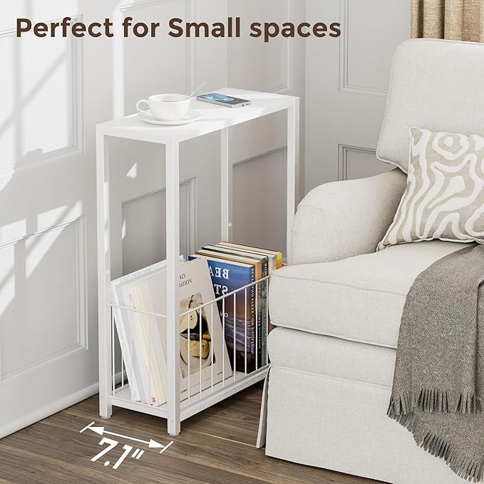 Narrow Side Tables Set of 2 with Magazine Holder, Skinny End Tables Perfect for Small Spaces, Space-Saving Design for Living Room, Bedroom, or Office, 7.1" D x 16.9" W x 23.6" H, White