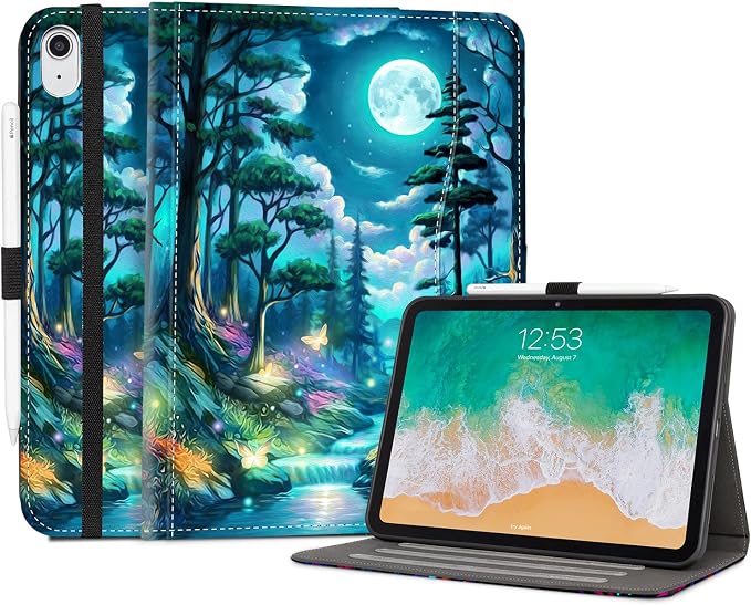 Lokigo Case for iPad (A16) 11th/10th Generation Aurora Forest | for iPad 11th-11 Inch/10th-10.9 Inch Stand Cover Pencil Holder/Hand Strap/Pocket Support Touch ID Auto Wake/Sleep