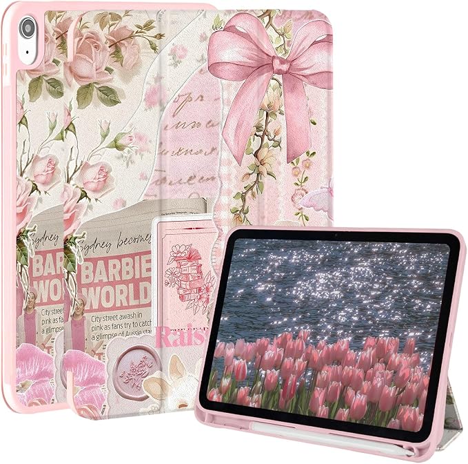 Case for iPad 9th/ 8th/ 7th Generation Case 10.2&amp10.5 Inch (2021/2020/2019 Release) Slim Lightweight Soft Trifold Back Cover with Pencil Holder &amp Auto Sleep/Wake Cover Cherries Cheetah Bows