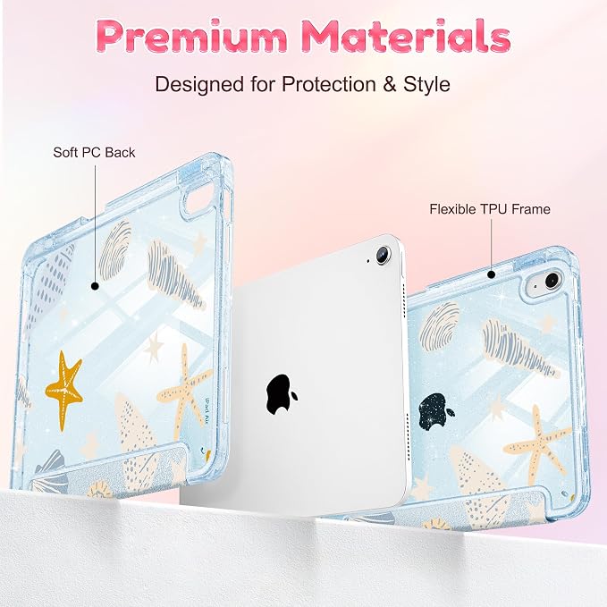 for iPad Air 11 inch M4/M3/M2 (2026/2025/2024) iPad Air 5th/4th Gen (2022/2020) 10.9 inch with Pencil Holder Glitter Clear Pretevtive Cover Auto Wake/Sleep Black Cartoon Stickers