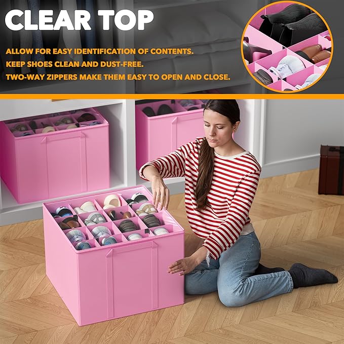 SpaceAid Shoe Organizer for Closet, 2 Pack Foldable Shoe Storage Containers Baskets Boxes Bins w/Adjustable Dividers, Fits 16-32 Pairs, Pink