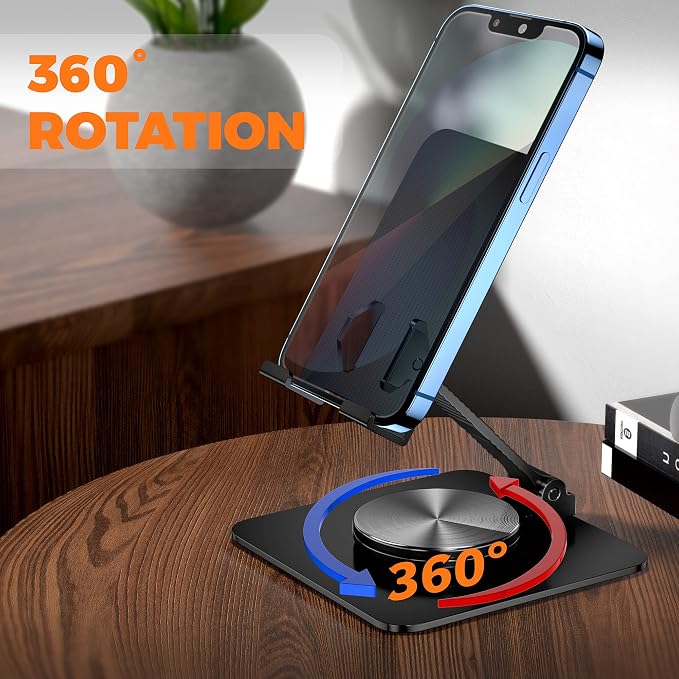 360 Rotatable Foldable Phone Stand for DeskFully Adjustable Desktop Phone Holder Cradle Dock Compatible with iPhone 17 16 15 14 13 12 11 Pro MaxTabletsAll Phones(Black)