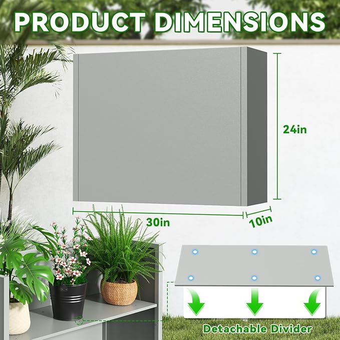 Metal Planter, 30L x 10W x 24H, Heavy Duty Tall Planters for Outdoor Plants, Planters with Removable Insert Shelf, Large Planters with Drainage Holes for Porch, Patio and Yard, Grey