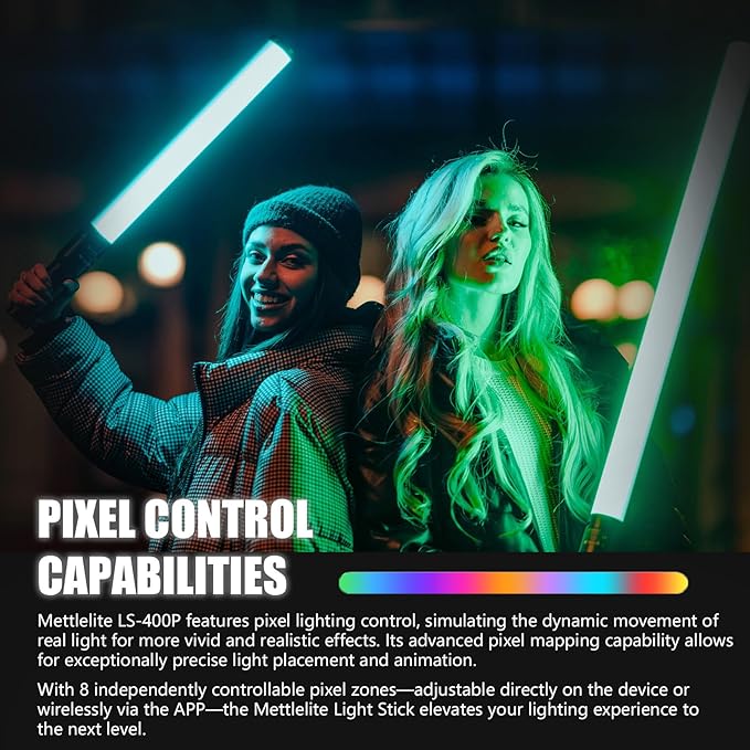 Mettlelite LS400P RGB Pixel LED Light Stick, Handheld Full Color RGBWW Continuous Output 2 ft with APP Control, 2800K-8000K, Customizable Pixel Light Effect, CRI97+ TLCI98+ Rechargeable Video Light