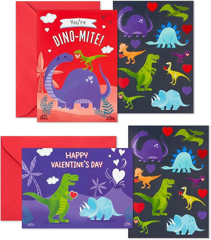 Hallmark Valentine's Day Cards and Stickers for Kids School, Dinosaur (24 Classroom Valentines with Envelopes)