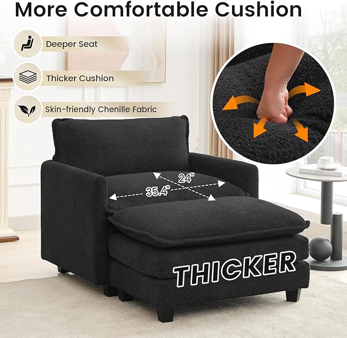 ROWHY Convertible Sectional Couch with Ottoman, Single Armchair with armrests, Modern Living Room Furniture Set, Small Couches for Small Spaces, for Living Room, Chenille, Black