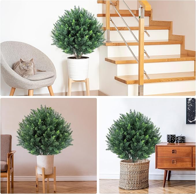 2-Pack Artificial Cypress Topiary Busges :Stake-in UV Resistant & Fade-Proof Topiary with PE Needles for Porch, Garden, Front Yard - Realistic Chartreuse, 25"