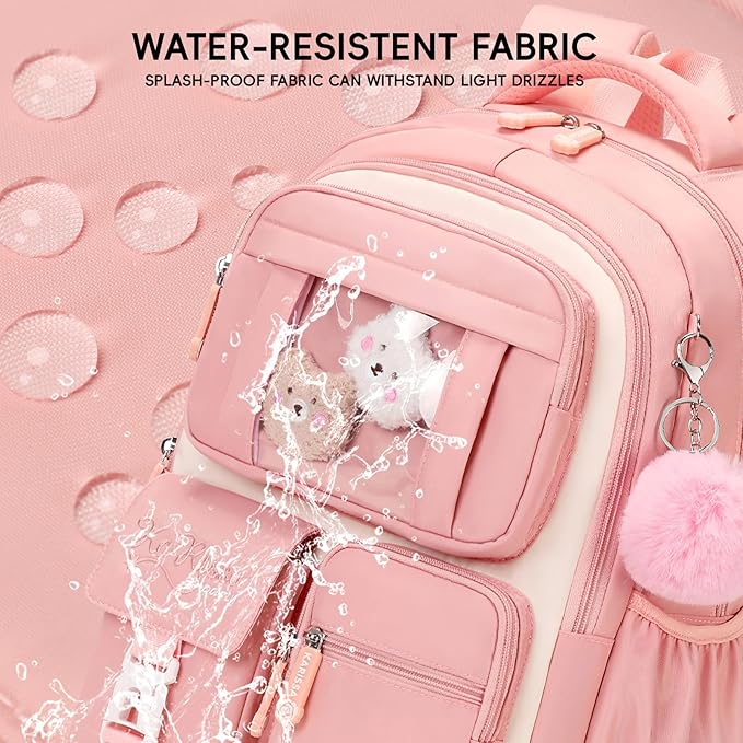 Girls Backpack with Lunch Box 3Pcs, Kawaii School Bag Set for Kid Elementary Middle School, Multi-Pocket Cute Laptop Bookbag Lightweight, Pink