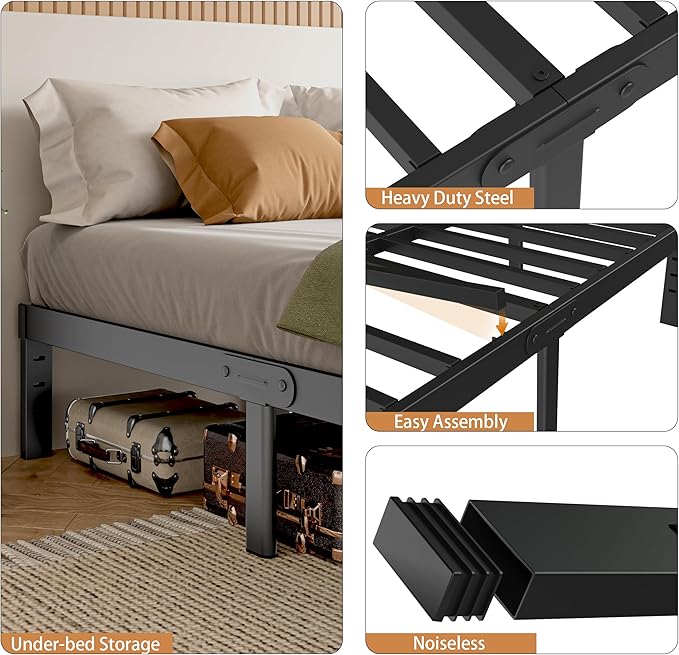 Queen Size Bed Frame Black, 16 Inch Metal Queen Bed Frame No Box Spring Needed, DIY Headboard Holes, Heavy Duty Steel Support 3500 LBS, Noiseless, Round Corner Leg, Storage Space, Easy Assembly