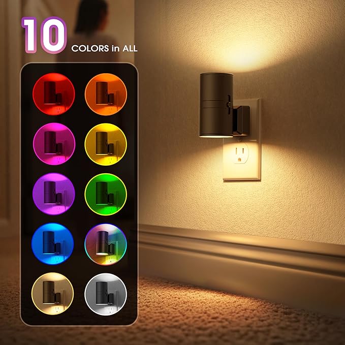 Briignite Night Lights Plug into Wall, 1 Pack 11-Color Changing Night Light with 1 Remote Control, 3000K+6000K+RGB LED Nightlight for Kids with Light Sensor, 0-100 LM Adjustable for Bedroom, Stairway
