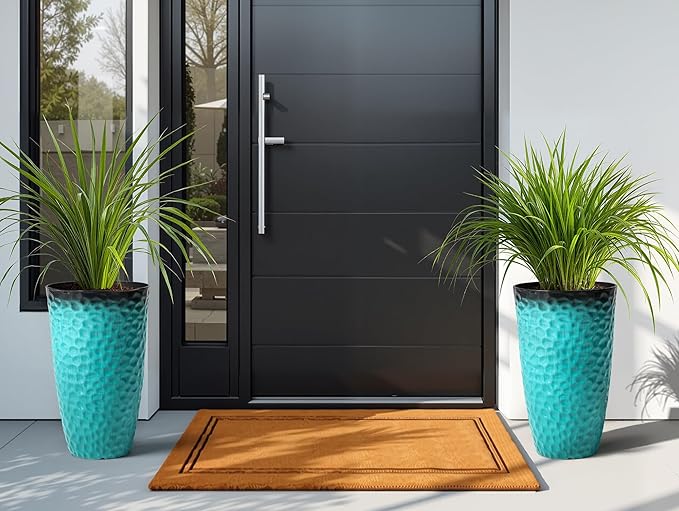 23.75" H Large Tall Outdoor Planters, Set of 2 Plastic Large Flower Pots for Outdoor Plants, with Turquoise Teal Honeycomb Texture, Weather-Resistant for Porch, Garden, Patio or Indoor Use