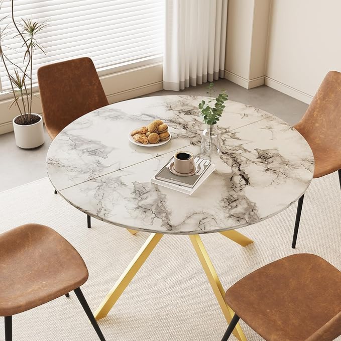 46.4" Round Dining Table, Mid Century Modern Round Dining Room Table for 4-6 with Metal Legs, Easy Assembly Coffee Table, Space-Saving Design for Kitchen and Dining Room