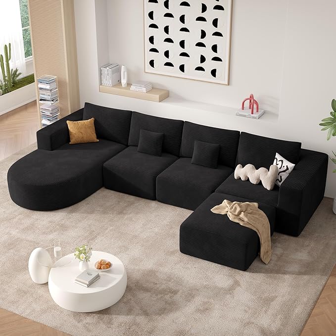 134" Boneless Couches for Living Room,Modular Sectional Sofa with Ottoman,Cloud Couch in a Box,Sponge Compression U Shaped Sofas with Chaise No Assembly Required,Black,1pcs