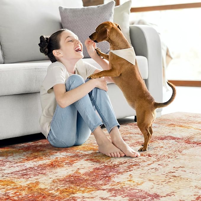 Area Rug Living Room Rugs - 6x9 Washable Modern Neutral Abstract Rugs Soft Low Pile No Slip Stain Resistant Rug Indoor Large Carpet for Bedroom Dining Room Nursery Room Home - Pink/Orange