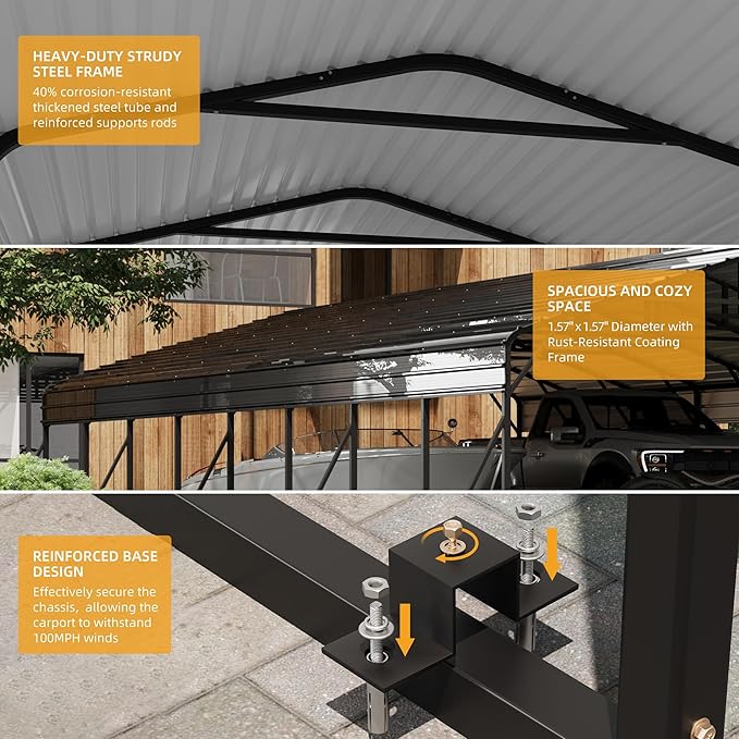 20' x 40' Heavy Duty Metal Carport With Galvanized Steel Roof, Metal Roof Carport With Enhanced Base, Tall MetalCarport Kits Garage for Tractors, Pickup, Boat, Car