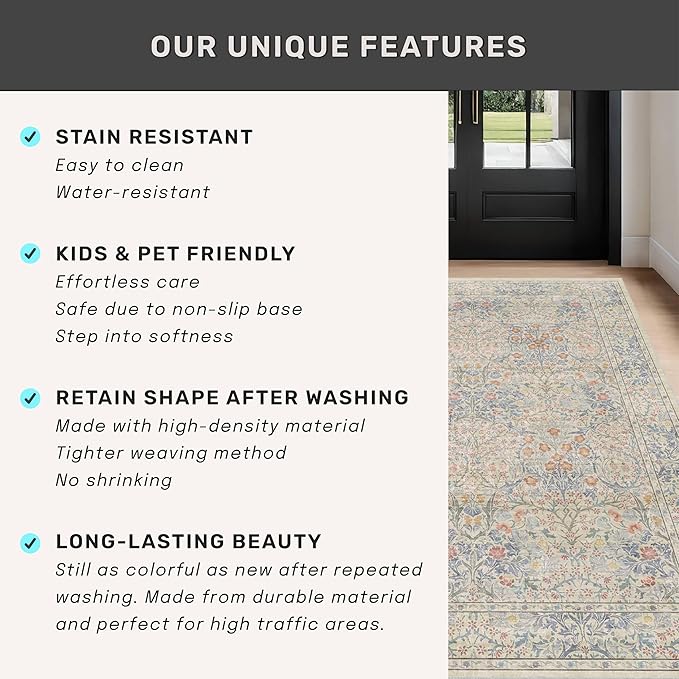 Washable Bathroom Runner Rug 2x5, Non Slip Runner for Laundry Room, Bathroom Sink Mat - Vintage Pastel Beige Blue Throw Rug, Ultra Soft Low Pile Stain Resistant