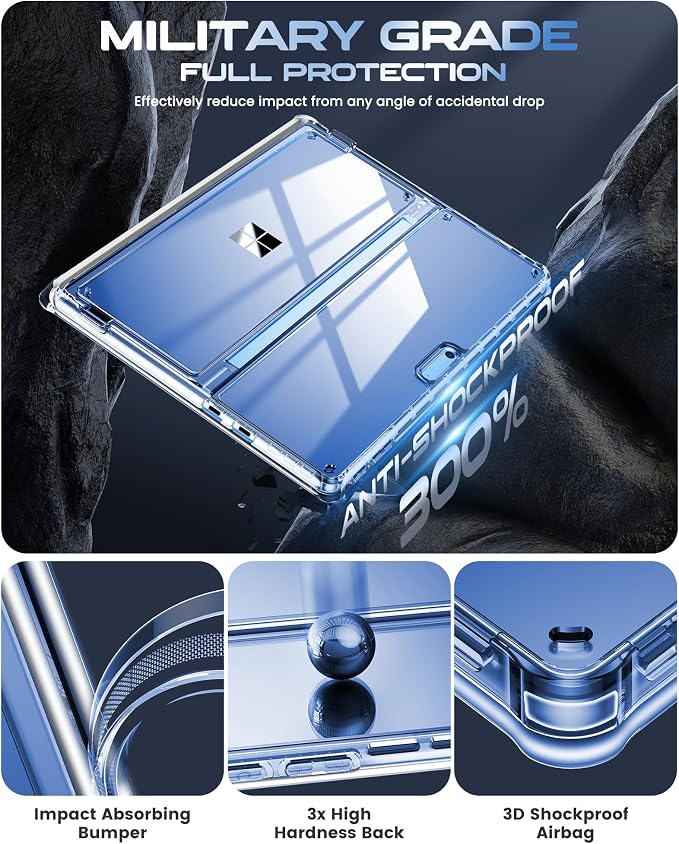 INFILAND Surface Pro 11/10/9 Case Crystal Clear Multi-Angle Shockproof for Microsoft Surface Pro 11th Edition AI 2024 Work with Surface Pro Signature Keyboard &amp Slim Pen 2 Mysterious Black