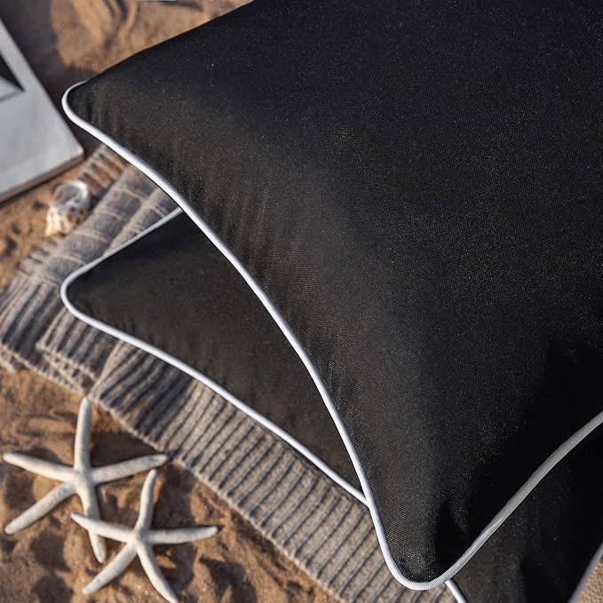 Phantoscope Pack of 2 Outdoor Waterproof Solid Throw Decorative Pillow Cover Decorative Square Outdoor Pillows Cushion Case Patio Pillows for Couch Tent Sunbrella, Black 12x20 inches 30x50 cm