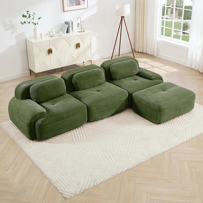 Green Ottoman for Modular Sectional Sofa, Corduroy Deep Seat for Oversized Compressed Boneless Sectional Couches for Living Room Bedroom Apartment, Cloud Sofa Couch, Memory Foam, No Assembly