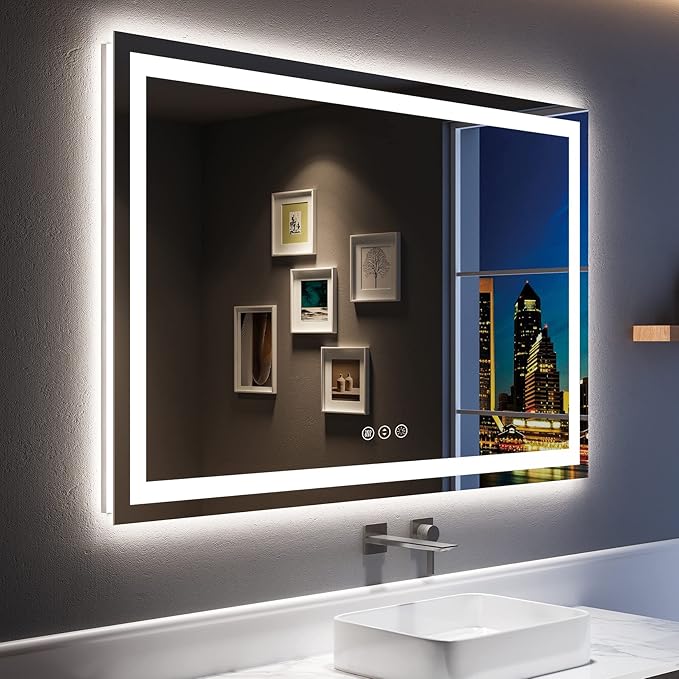 YEELAIT 55x36 Inch LED Bathroom Mirror with Lights Front and Backlit Lighted Vanity Mirror for Bathroom Wall with 3 Colors Dimmable Anti-Fog Memory Shatter-Proof IP54 Waterproof Horizontal/Vertical