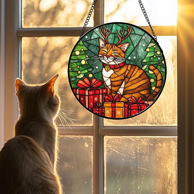 Stained Glass Window Hanging Orange Cat Elk Antler Large 15" - Suncatcher Door Garden Kitchen Sun Catcher Home Decor Birthday Gifts for Lost Pets Mom Men Woman Friend Grandma