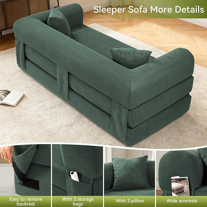 Convertible Folding Sofa Bed,80" Pull Out Couch with Pillows & Storage Pocket,Modular Futon Bed Corduroy Queen Sleeper Sofa in a Box,Compression Boneless Couch for Living Room,Light Green