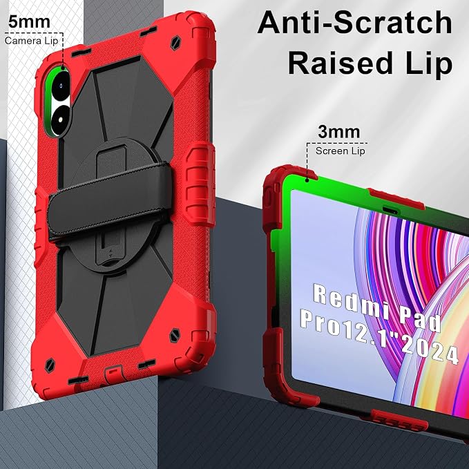 for Xiaomi Redmi Pad Pro 12.1/Xiaomi Poco Pad 12.1 Case with with Kickstand/Hand Strap/Rotating/Shoulder Strap (Black/Black)