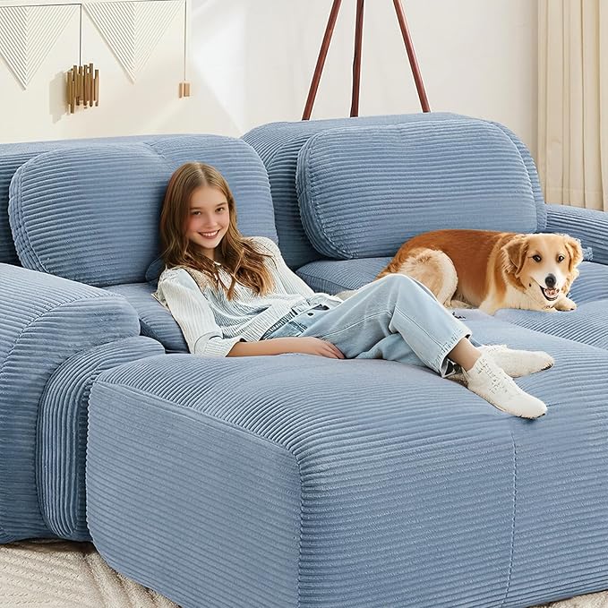 152" Modern Compressed Boneless Couch with Ottoman, 4 Seater Large U Shaped Sectional Couches for Living Room, Blue Corduroy Cloud Modular Sectional Sofa, Memory Foam, Extra Deep, No Assembly