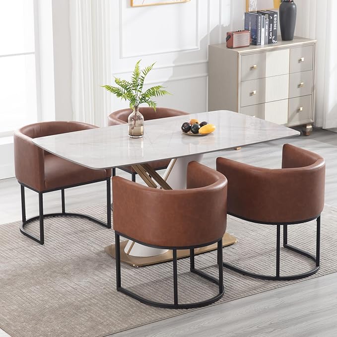 Faux Leather Dining Chairs Set of 4 Modern Barrel Arm Chairs with Black Metal Frame, Upholstered Kitchen Chairs 18.5" Wide Accent Chairs for Living Room Dining Room Restaurant, Brown