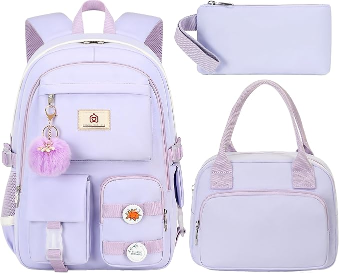 School Backpack for Teen Girls Women College Laptop Backpacks Girl Cute Bookbag Set with Lunch Box Pencil Case Kids Elementary Middle High Bag 3 Pcs Students Bookbags Set Travel Daypack-Purple