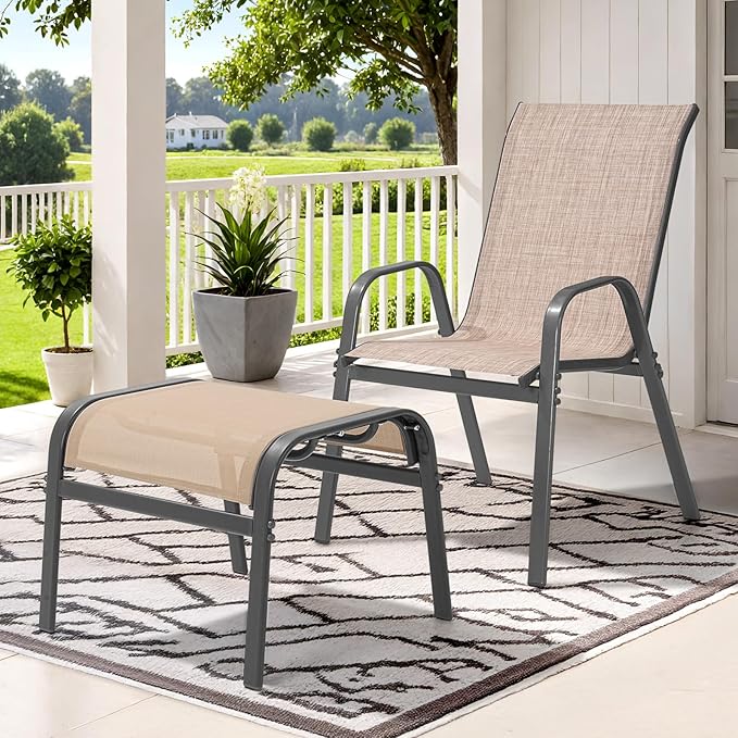 ONBRILL Outdoor Ottoman Set of 2, All Weather Outdoor Foot Stool with Supportive Textliene and Metal Frame, Stackable Oversized Outdoor Foot Rest for Furniture Patio Garden Pool, Beige