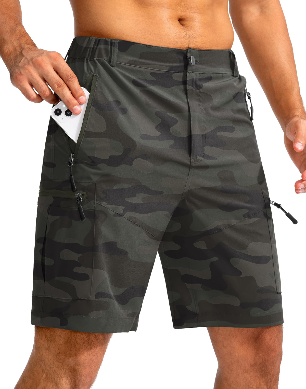 Pudolla Men's Hiking Cargo Shorts 9" Lightweight Outdoor Work Shorts for Men Travel Golf Camping Casual with 5 Zipper Pockets(Green Camo Large)