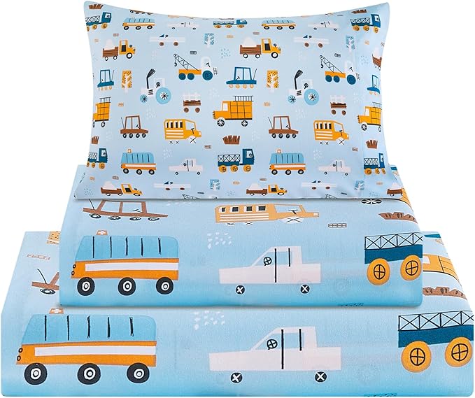 Viviland 4 Pieces Boys Blue Truck Full Sheet Set - Soft Microfiber Fitted Flat Sheets & Pillowcases - Construction Truck Bedding Sets - for Kids & Toddlers