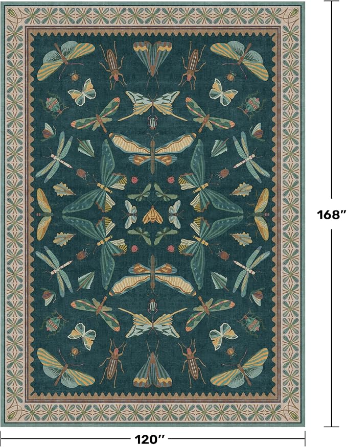 Teal Green Living Room Rugs - 10x14 Large Area Rug for Dining Room, Big Bedroom, Playroom Kids, Foldable Insect Décor