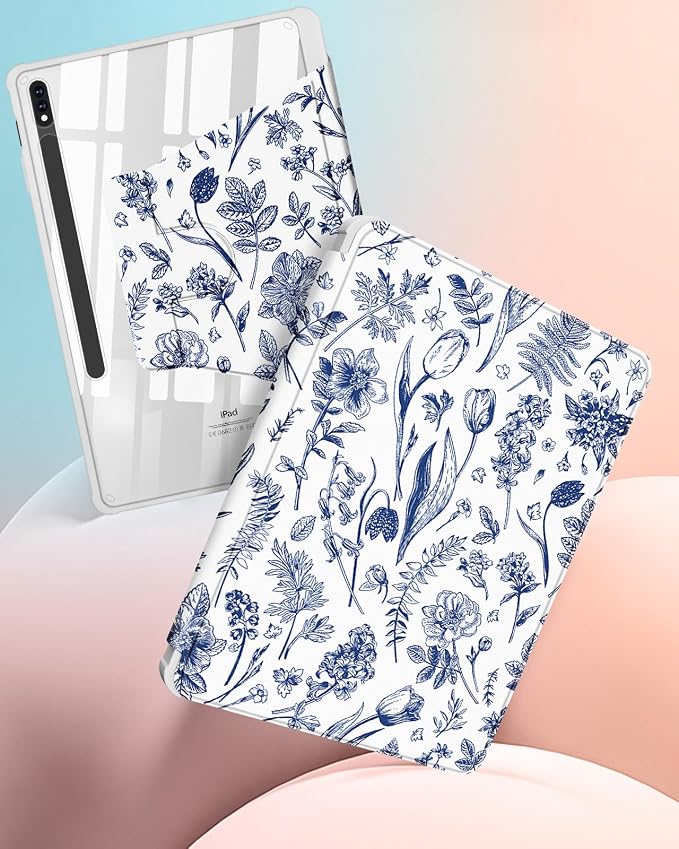 Wazzasoft for Samsung Galaxy Tab S7/S7 Plus/S8 Plus Case - 12.4 Inch Folio Cover with Pencil Holder - Women/Girl Cute Girly Black Flower Unique Design - Rotating Tablet Case
