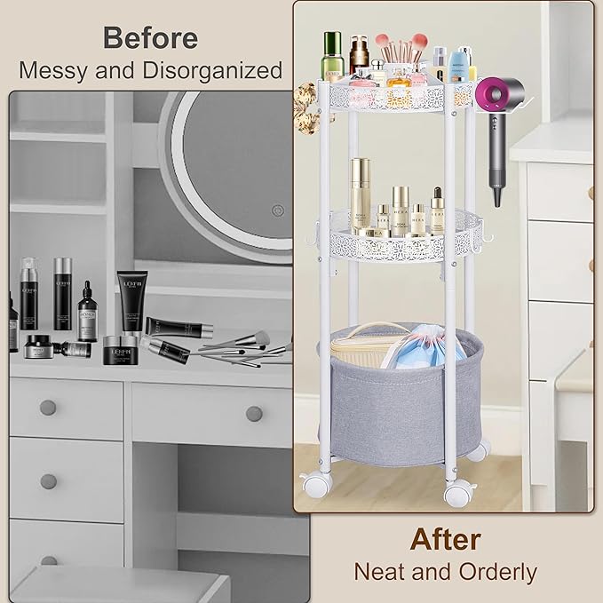 Makeup Organizer Cart with Hair Dryer Holder, 3-Tier Round Rolling Makeup Cart, Small Space Floor Vanity Organizer Cosmetic Display Cases for Skin Care Perfume Nail Polish Brush Tools, White