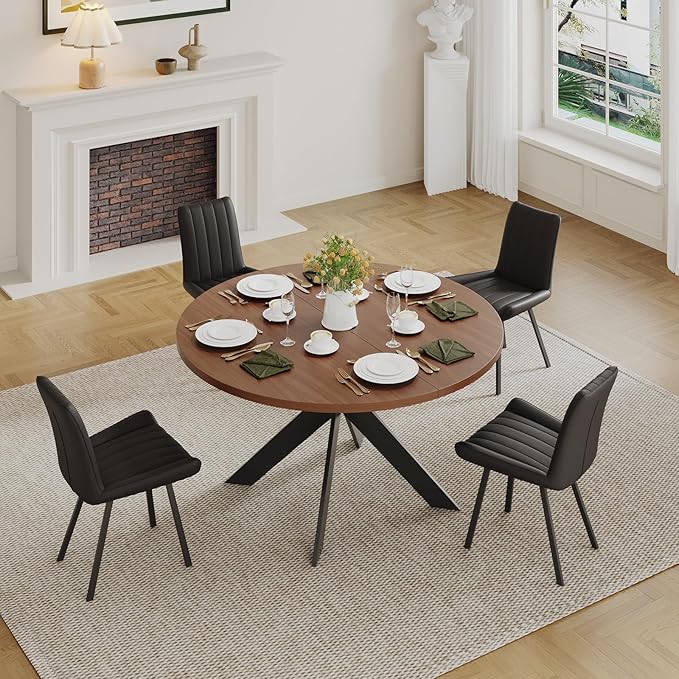 45.3" Round Walnut Dining Table for 4 – Mid-Century Modern Pedestal Table for Kitchen, Dining Room, Small Apartment or Breakfast Nook