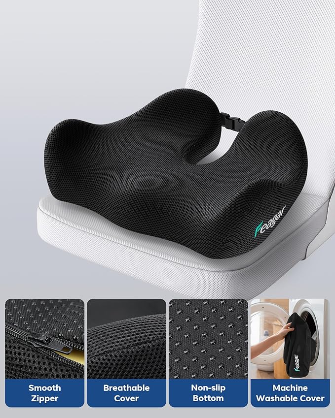 Feagar Office Chair Cushion for Sciatica & Tailbone Pain Relief – Extra Thick Memory Foam Seat Cushion for Long Sitting, Desk Chair & Wheelchair, Non-Slip Bottom, Ideal
