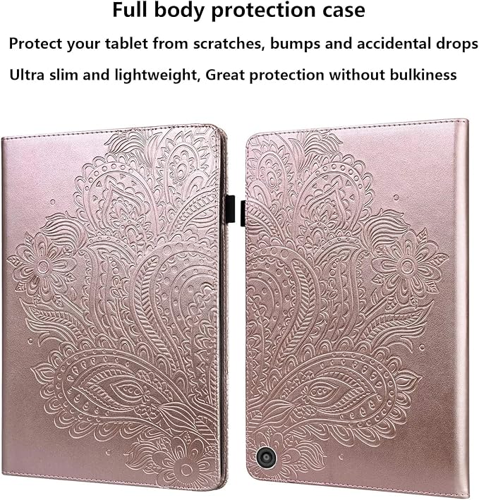 for Kindle Fire HD 8 Tablet (only Fits 10th Generation) &amp Fire HD 8 Plus 8 Case 2020 with Stand/Pencil Holder/Card Pocket/Elastic Band Embossed PU Leather Floral Cover Brown Peacock Flower