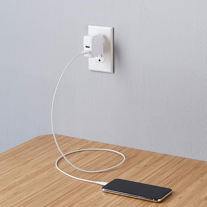 Amazon Basics 24W Two-Port USB-A Wall Charger for Multiple Devices Space-Saving Design 12W 2.4A per Port for iPhone 16/15/14/13/12/11/X Samsung and More Black