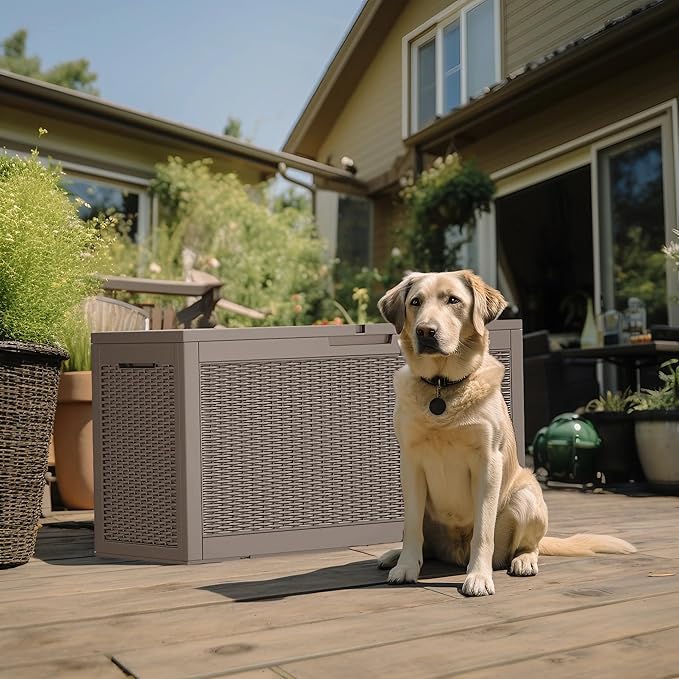 100 Gallon Outdoor Deck Box,Storage Lockable Waterproof Patio Furniture,Garden Tools,Cushions,Pool Accessories Outside Storage Resin Box(Grey)