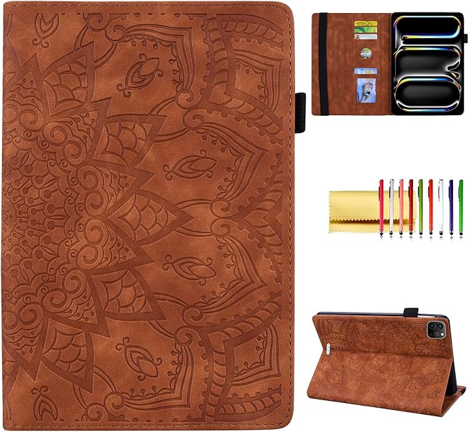 Folio Case for iPad Pro 11 2018-2022 iPad Air 11 2025/2024/Air 10.9 - Techcircle Stand Mandala Embossed PU Leather Soft TPU Cover with Elastic Strap Card Slots Pencil Holder - Pink