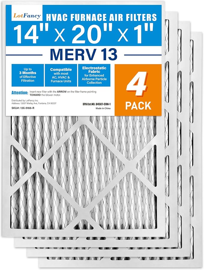LotFancy 14x20x1 Air Filter MERV 13 4-Pack, Electrostatic Pleated HVAC Furnace