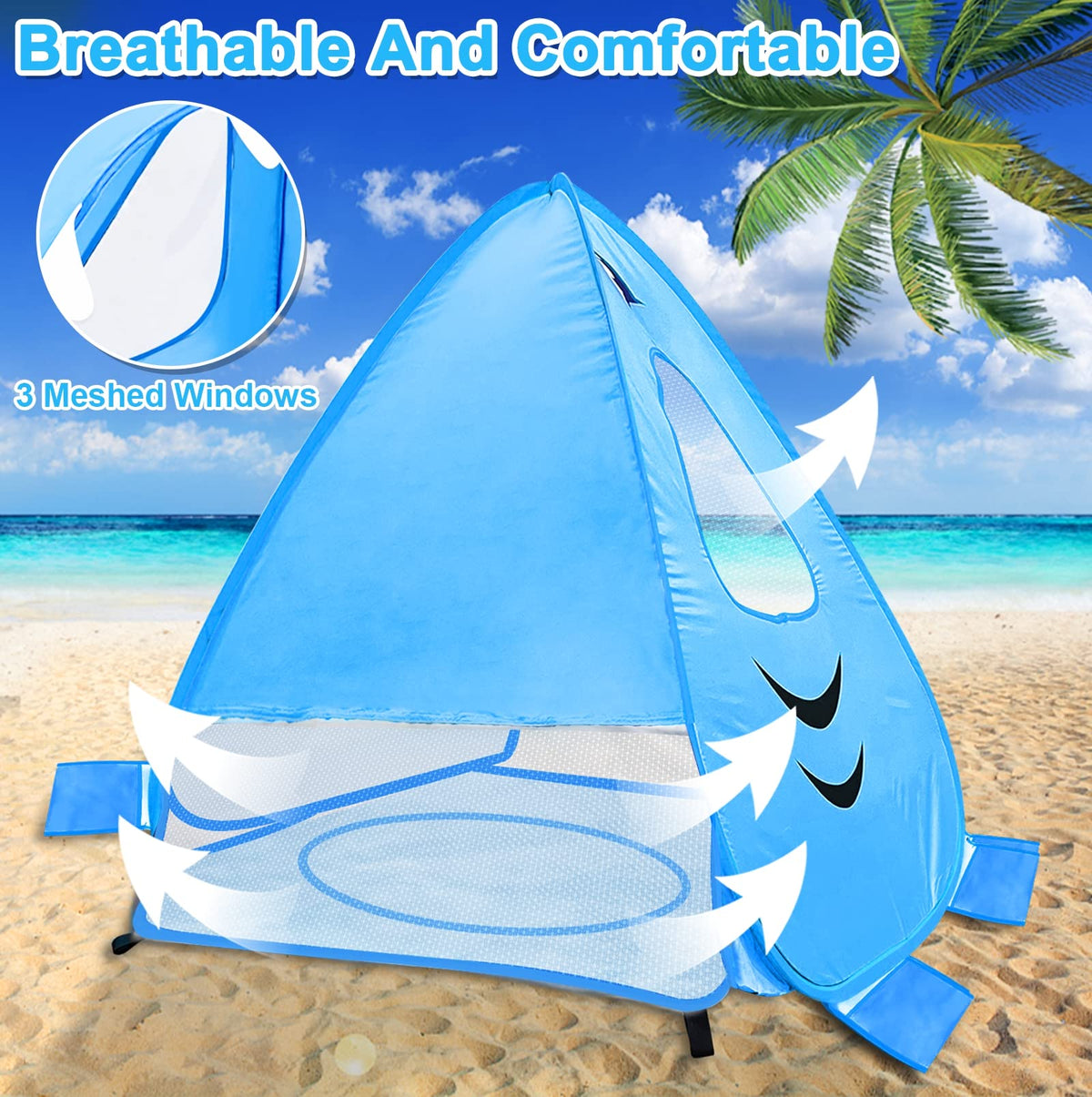 [ Extra High ] Shark Baby Beach Tent with Pool, Pop Up Kiddie Pool Tents Baby Beach Essentials UPF 50+ UV Protection 4 Sand Pockets 3 Mesh Windows Sun Beach Shade Tent for Toddler Aged 3-60 Months