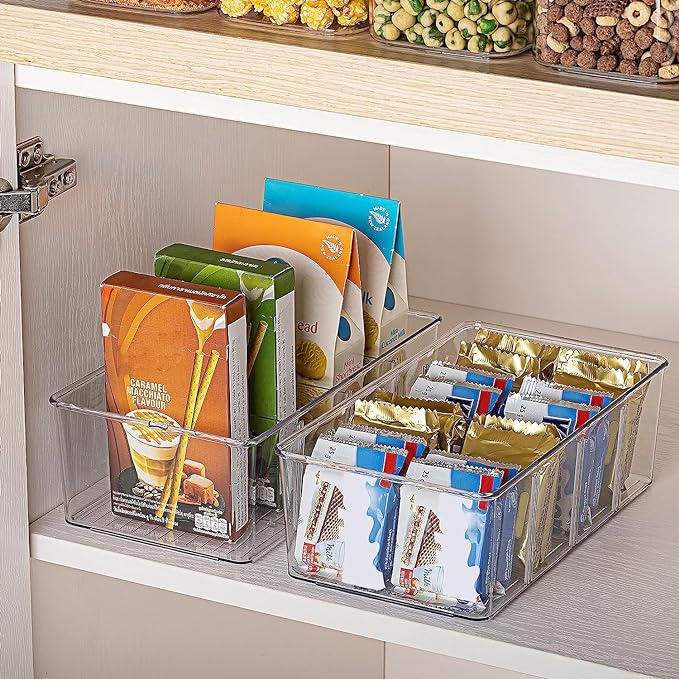 Vtopmart 6 Pack Food Storage Organizer Bins, Clear Plastic Bins for Pantry, Kitchen, Fridge, Cabinet Organization and Storage, 4 Compartment Holder Packets, Snacks, Pouches, Spice Packets