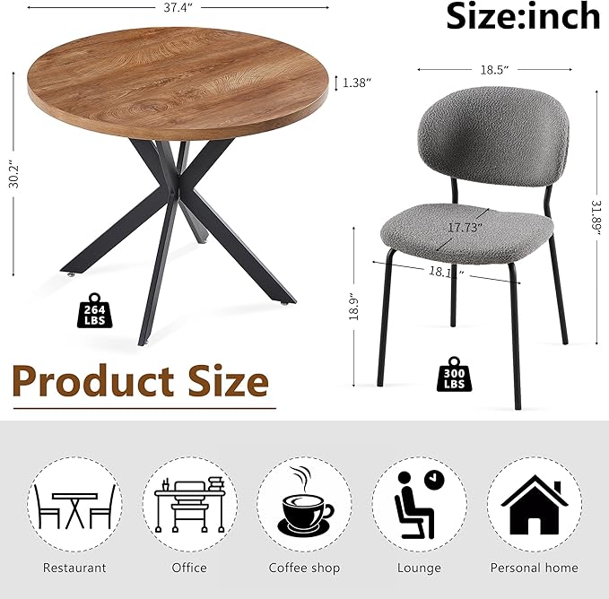 Round Dining Table Set for 4, Modern 5-Piece Kitchen Table Set, 37" Round MDF Living Coffee Table with 4 Seated Grey Boucle Dining Chairs Upholstered, Metal Legs for Dining Hall, Living Room