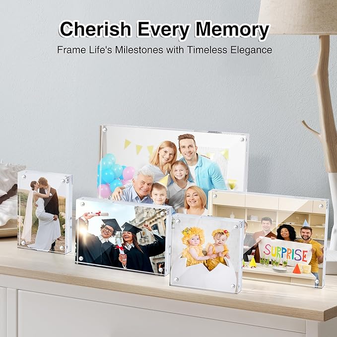 HOUSE DAY Acrylic Picture Frames 4x6, 2 Pack Magnetic 4 x 6 Picture Frame, Double Sided Clear 4x6 Photo Frame with Microfiber Cloth, Frameless FreeStanding 4x6 Frame Gift for Desktop Display