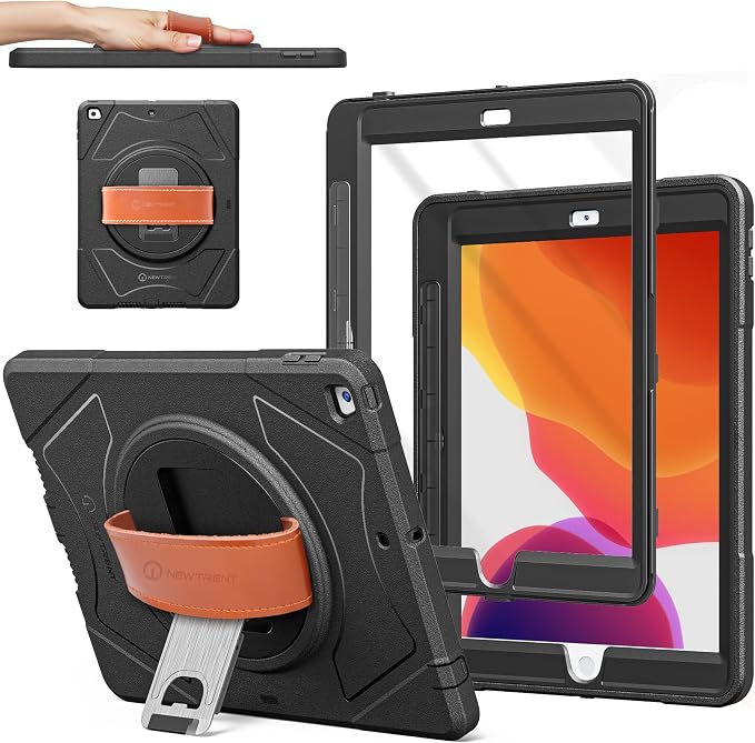New Trent iPad 9th Generation 8th Generation 7th Generation Stronger Kickstand Full Body case with Rotational Hand Strap &amp Screen Protector 2021 2020 2019 (with Pencil Holder)
