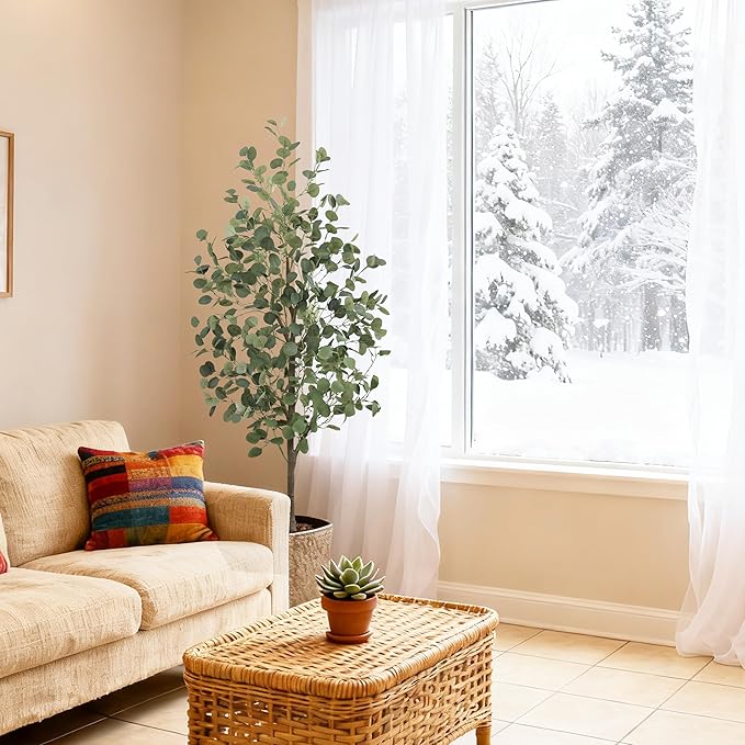 Faux Eucalyptus Tree 5FT Tall Artificial Eucalyptus Tree Indoor Outdoor, Fake Eucalyptus Plant with Green Silver Dollars Silk Leave, Fake Floor Plants, Present for Friend Housewarming Decor