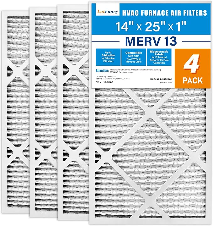 LotFancy 14x25x1 Air Filter MERV 13 4-Pack, Electrostatic Pleated HVAC Furnace